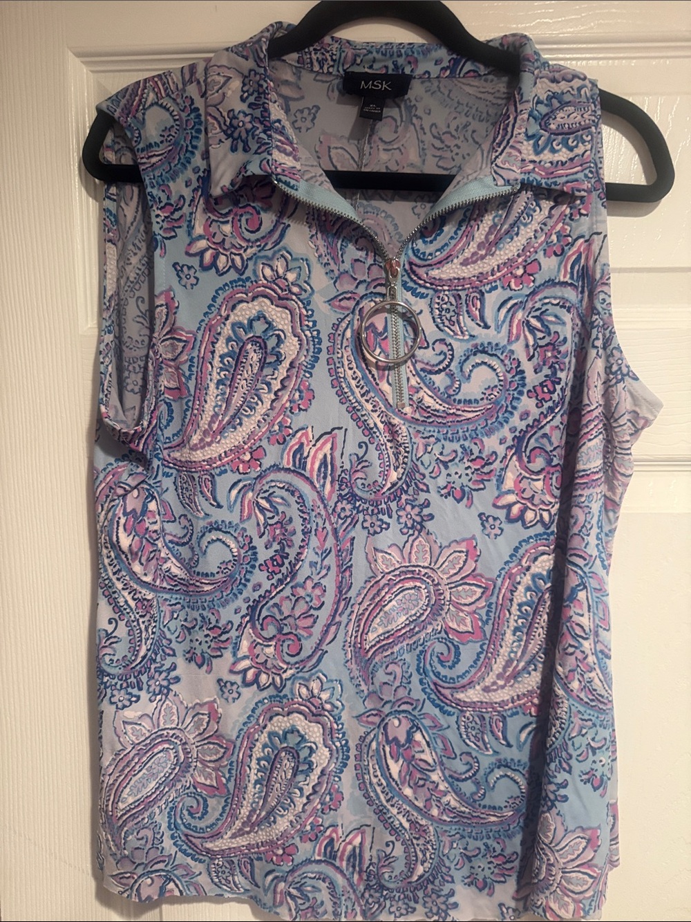MSK Light Blue Paisley Zip-Collar Sleeveless Top